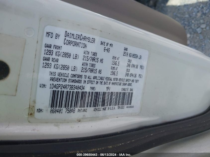 2003 Dodge Grand Caravan Se VIN: 1D4GP24R73B340434 Lot: 39650443