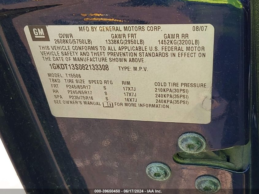 2008 GMC Envoy Sle VIN: 1GKDT13S082133308 Lot: 39650450