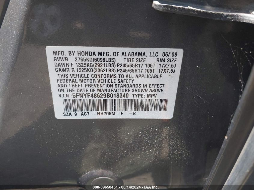 2009 Honda Pilot Ex-L VIN: 5FNYF48629B018340 Lot: 39650451