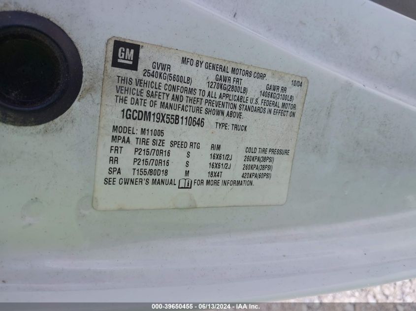 2005 Chevrolet Astro VIN: 1GCDM19X55B110646 Lot: 39650455