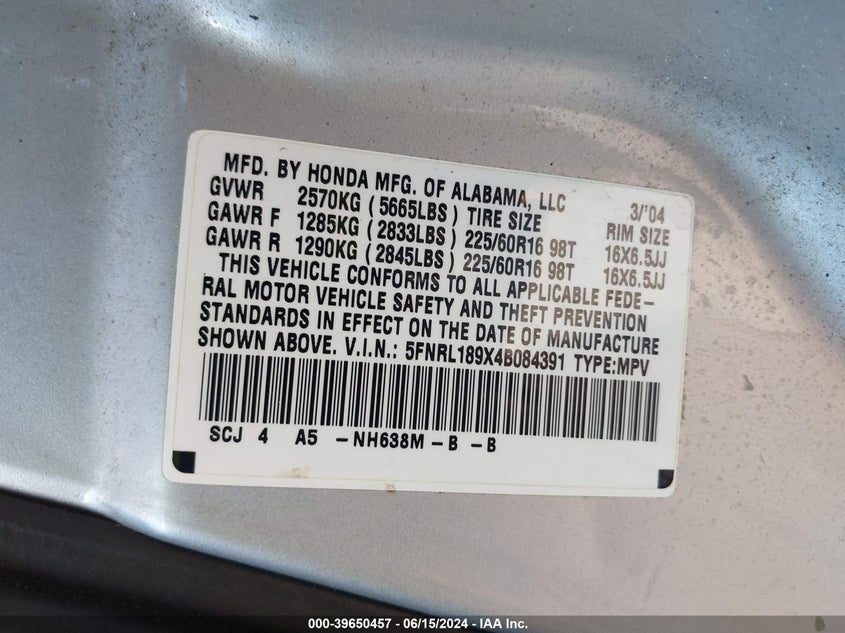 2004 Honda Odyssey Ex-L VIN: 5FNRL189X4B084391 Lot: 39650457