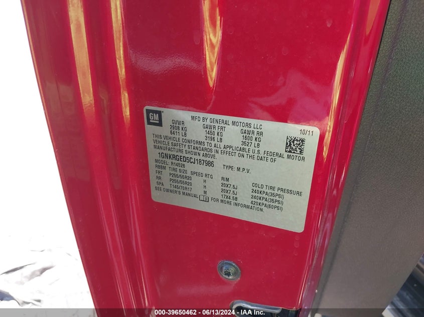 2012 Chevrolet Traverse 1Lt VIN: 1GNKRGED5CJ187986 Lot: 39650462