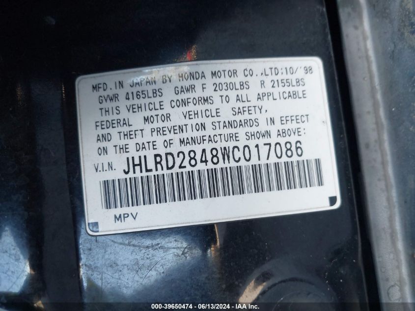 1998 Honda Cr-V Lx VIN: JHLRD2848WC017086 Lot: 39650474