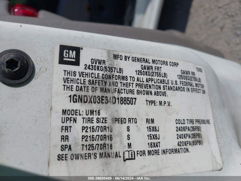 2004 Chevrolet Venture Plus VIN: 1GNDX03E34D188507 Lot: 39650489