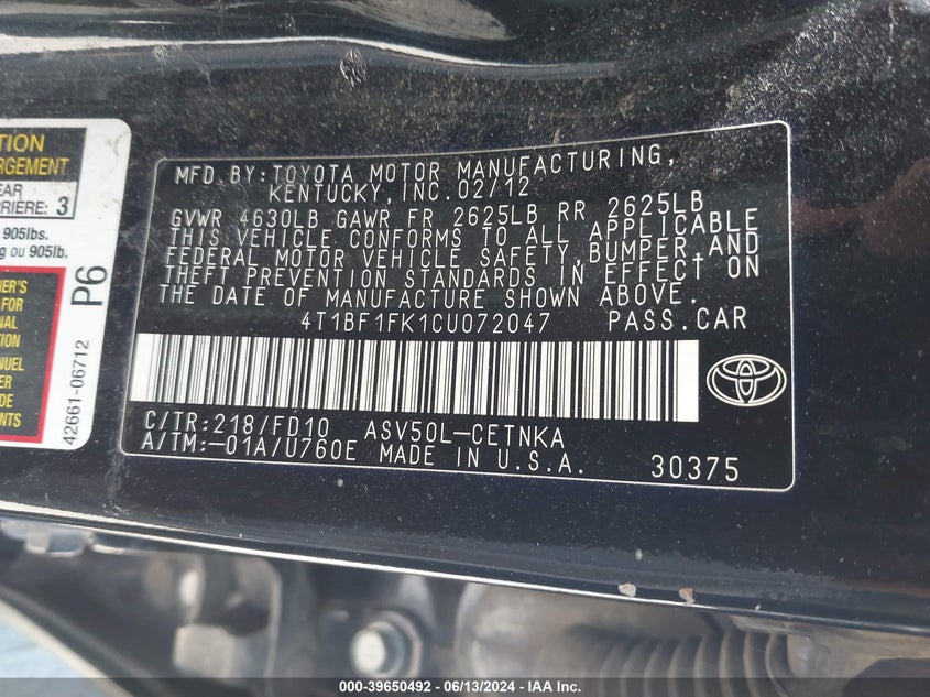 2012 Toyota Camry Le VIN: 4T1BF1FK1CU072047 Lot: 39650492