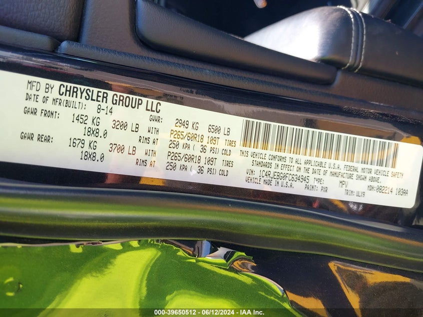 2015 Jeep Grand Cherokee Limited VIN: 1C4RJEBG0FC634945 Lot: 39650512