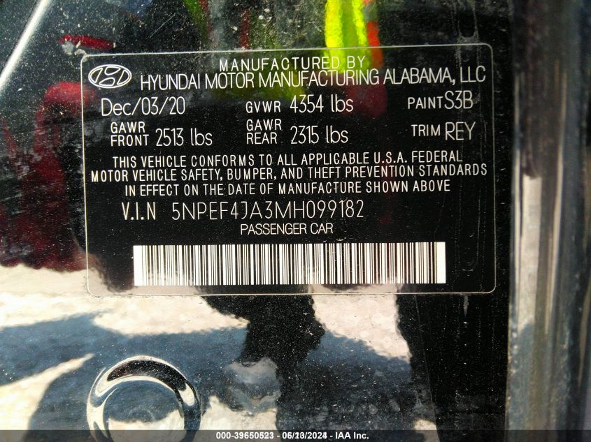 2021 Hyundai Sonata Sel VIN: 5NPEF4JA3MH099182 Lot: 39650523