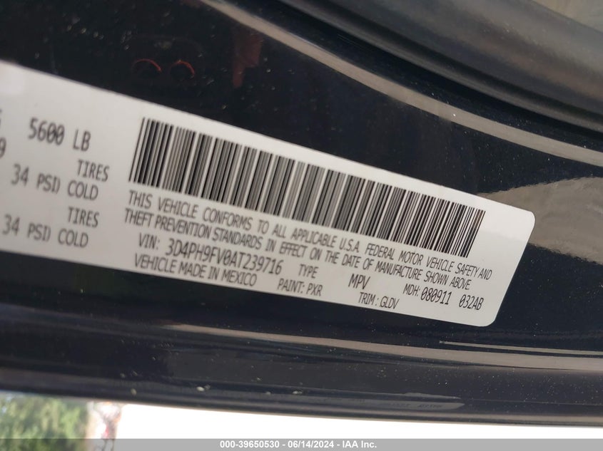 2010 Dodge Journey R/T VIN: 3D4PH9FV0AT239716 Lot: 39650530