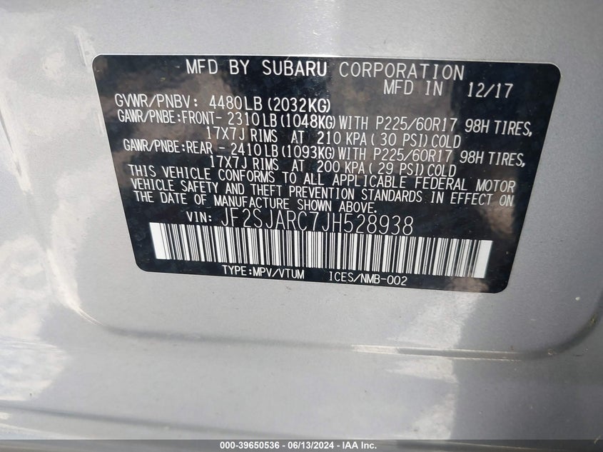 2018 Subaru Forester 2.5I Limited VIN: JF2SJARC7JH528938 Lot: 39650536