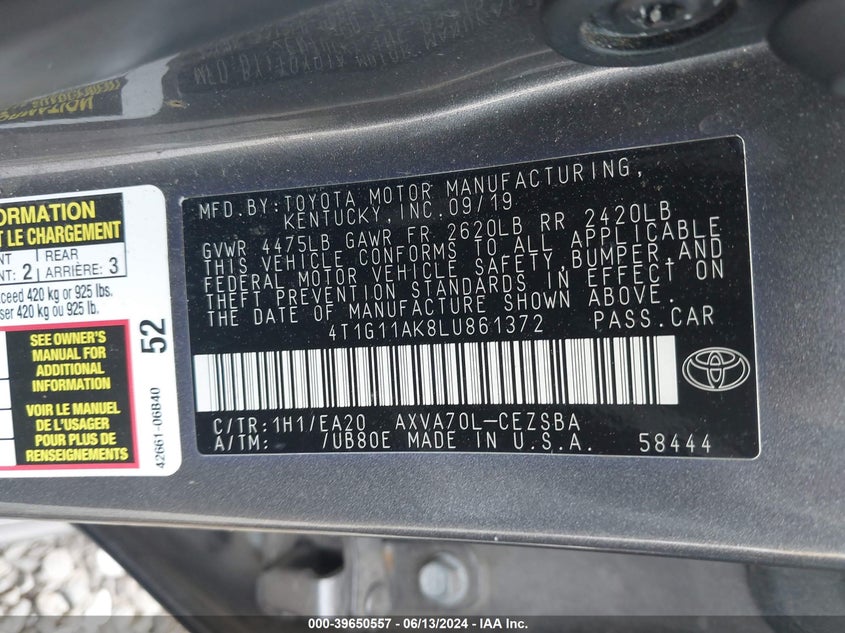 2020 TOYOTA CAMRY SE - 4T1G11AK8LU861372