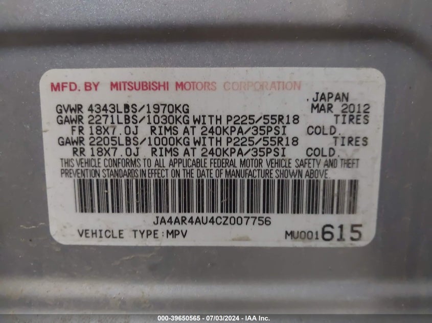 2012 Mitsubishi Outlander Sport Se VIN: JA4AR4AU4CZ007756 Lot: 39650565