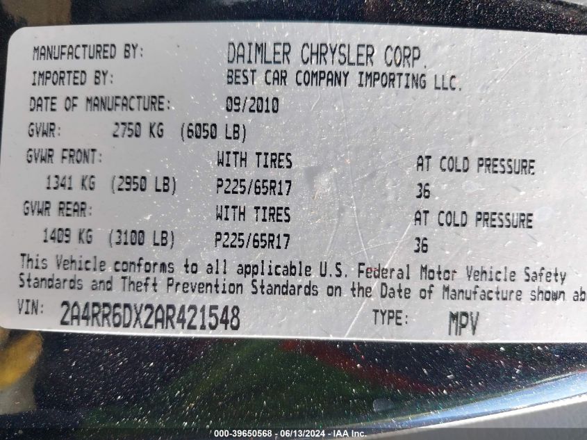 2010 Chrysler Town & Country Limited VIN: 2A4RR6DX2AR421548 Lot: 39650568