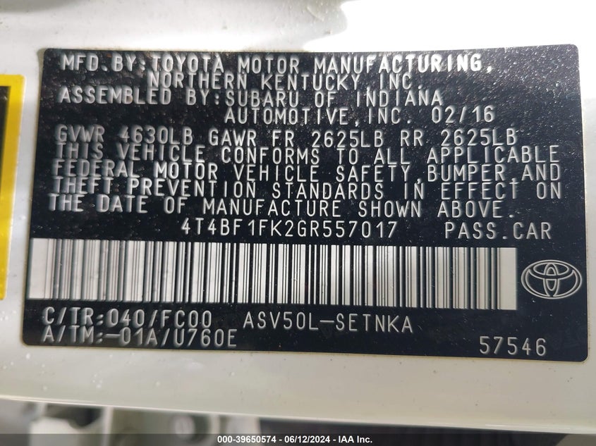 2016 Toyota Camry Le VIN: 4T4BF1FK2GR557017 Lot: 39650574