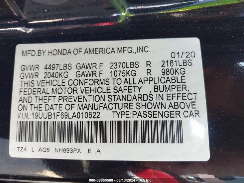 2020 Acura Tlx A-Spec/A-Spec W/Red Leather VIN: 19UUB1F69LA010622 Lot: 39650580