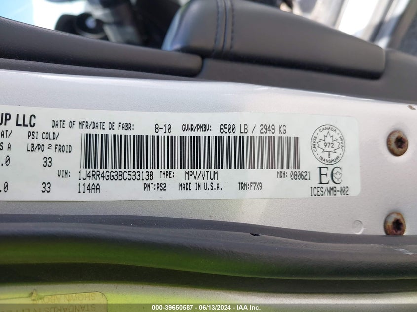 2011 Jeep Grand Cherokee Laredo VIN: 1J4RR4GG3BC533138 Lot: 39650587