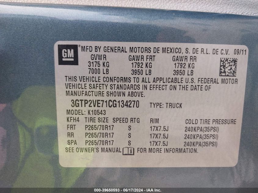 2012 GMC Sierra 1500 Sle VIN: 3GTP2VE71CG134270 Lot: 39650593