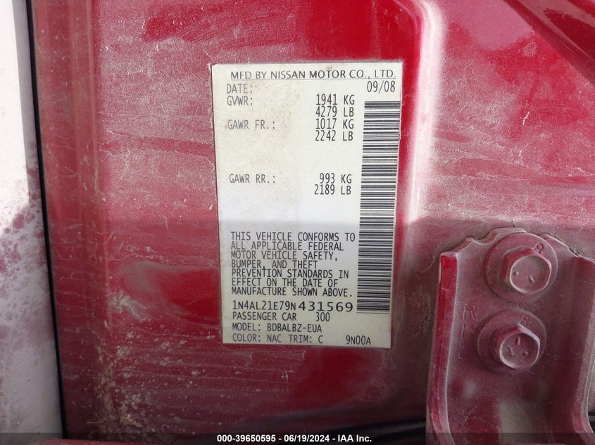 2009 Nissan Altima 2.5 S VIN: 1N4AL21E79N431569 Lot: 39650595