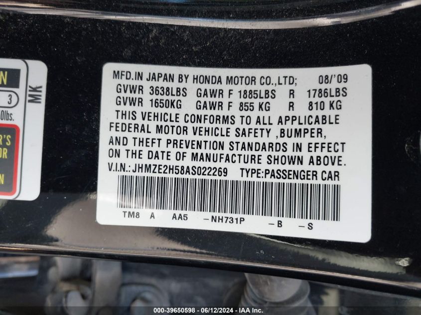 2010 Honda Insight Lx VIN: JHMZE2H58AS022269 Lot: 39650598