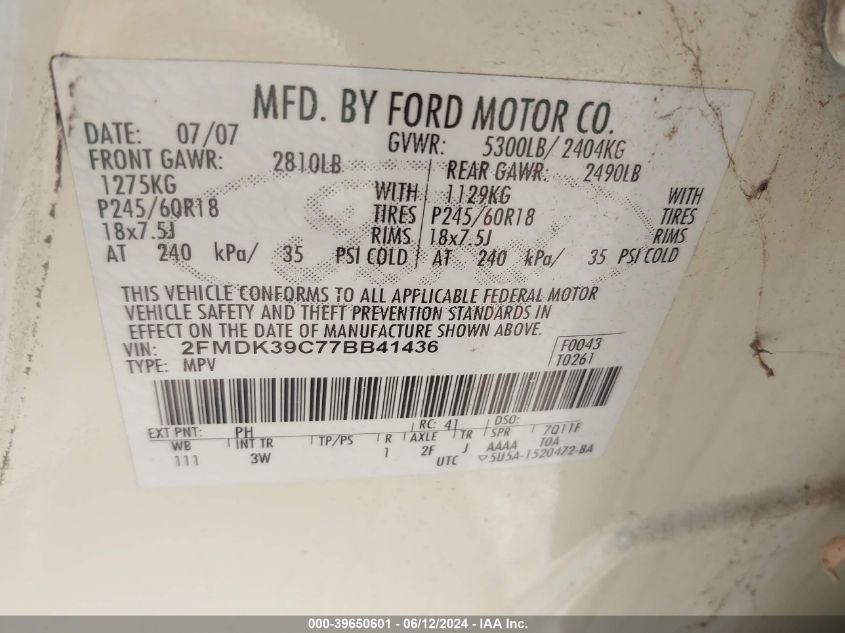 2007 Ford Edge Sel Plus VIN: 2FMDK39C77BB41436 Lot: 39650601