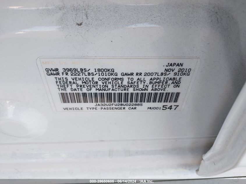 2011 Mitsubishi Lancer Es VIN: JA32U2FU2BU022885 Lot: 39650605