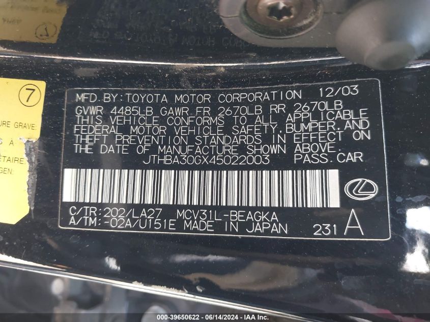 2004 Lexus Es 330 VIN: JTHBA30GX45022003 Lot: 39650622