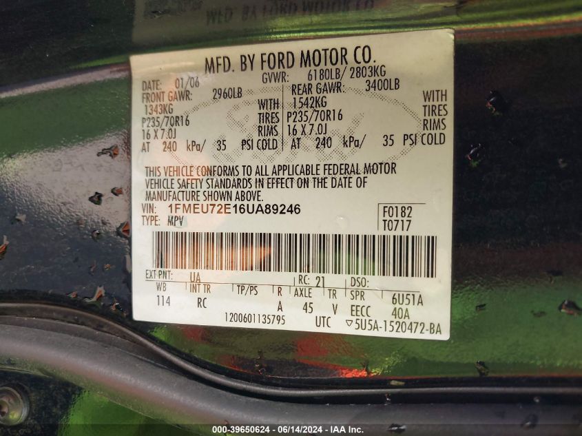 2006 Ford Explorer Xls VIN: 1FMEU72E16UA89246 Lot: 39650624