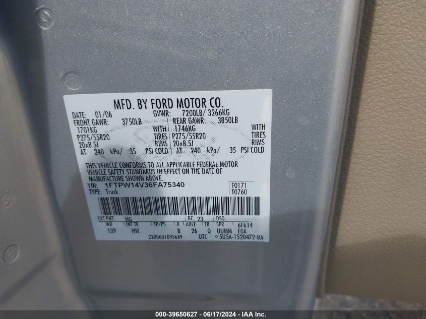 2006 Ford F-150 Fx4/Lariat/Xlt VIN: 1FTPW14V36FA75340 Lot: 39650627