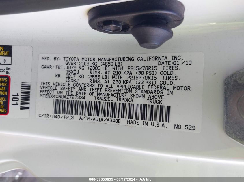 2010 Toyota Tacoma VIN: 5TENX4CN0AZ727334 Lot: 39650635
