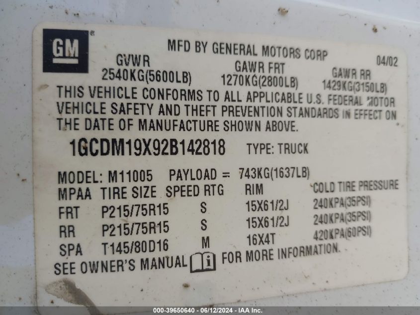 2002 Chevrolet Astro VIN: 1GCDM19X92B142818 Lot: 39650640