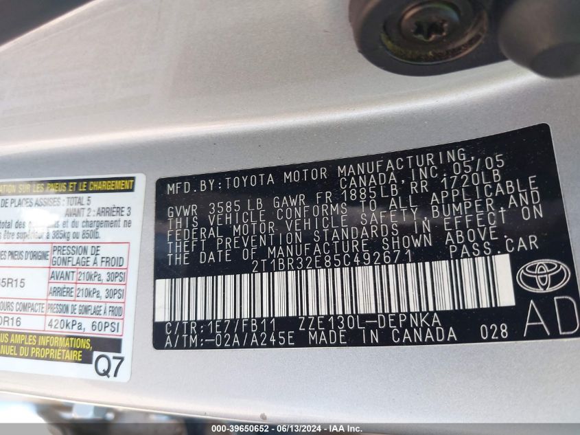 2005 Toyota Corolla Le VIN: 2T1BR32E85C492671 Lot: 39650652