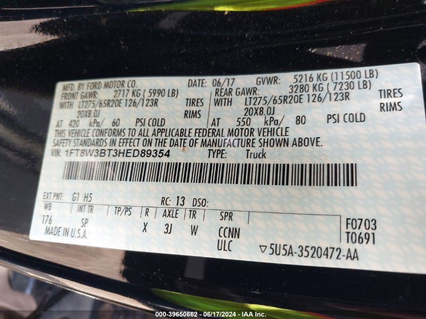 2017 Ford F-350 King Ranch VIN: 1FT8W3BT3HED89354 Lot: 39650662