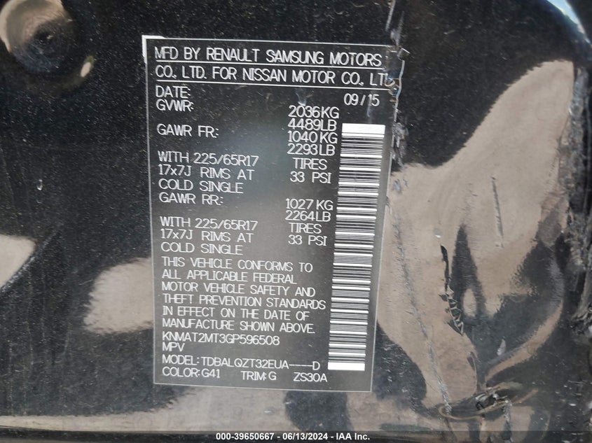 2016 Nissan Rogue Sv VIN: KNMAT2MT3GP596508 Lot: 39650667