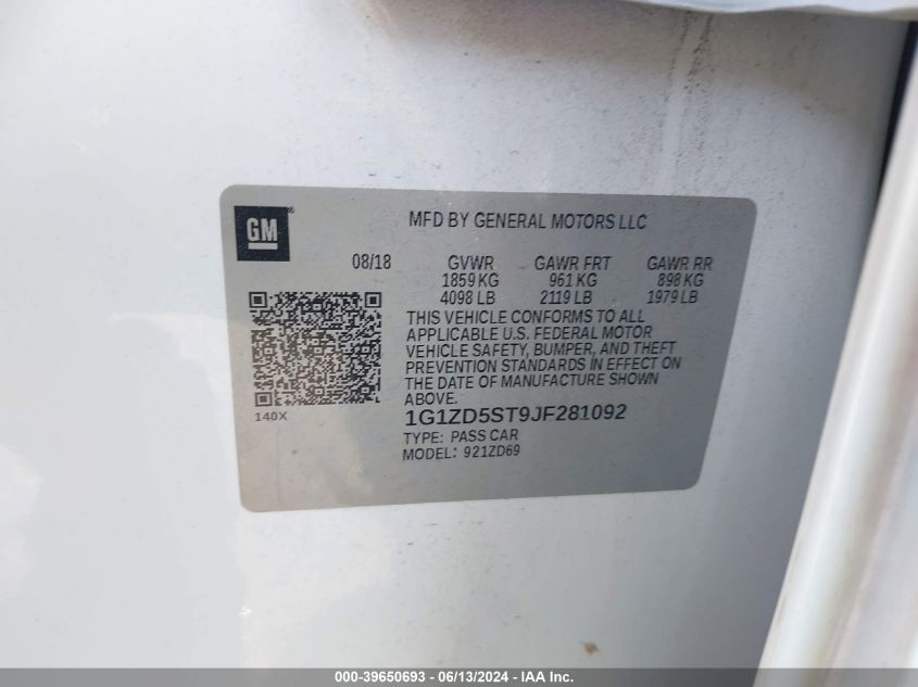 2018 CHEVROLET MALIBU LT - 1G1ZD5ST9JF281092