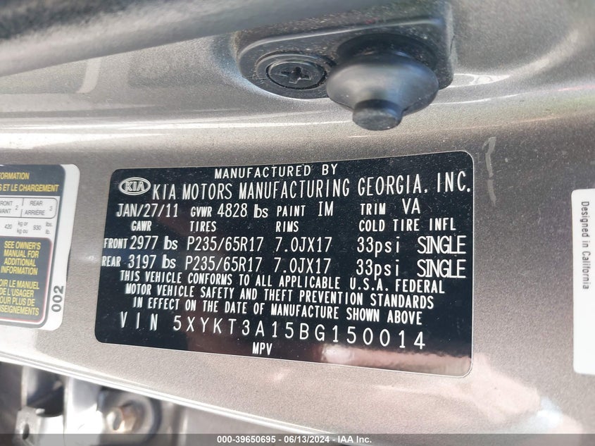 2011 Kia Sorento Lx VIN: 5XYKT3A15BG150014 Lot: 39650695
