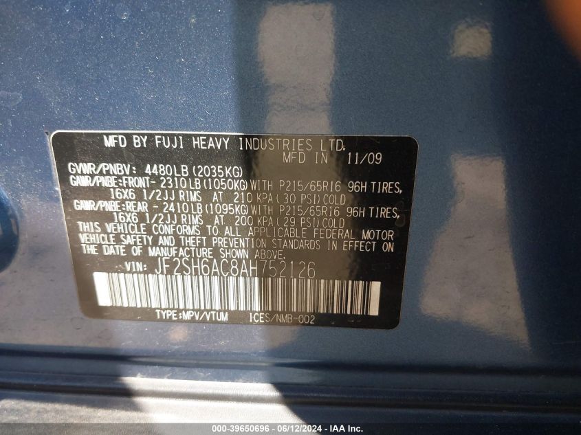 2010 Subaru Forester 2.5X VIN: JF2SH6AC8AH752126 Lot: 39650696