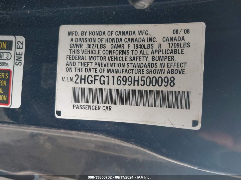 2009 Honda Civic Lx VIN: 2HGFG11699H500098 Lot: 39650702