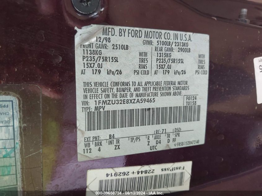 1999 Ford Explorer Eddie Bauer/Limited Edition/Xlt VIN: 1FMZU32E8XZA59465 Lot: 39650734