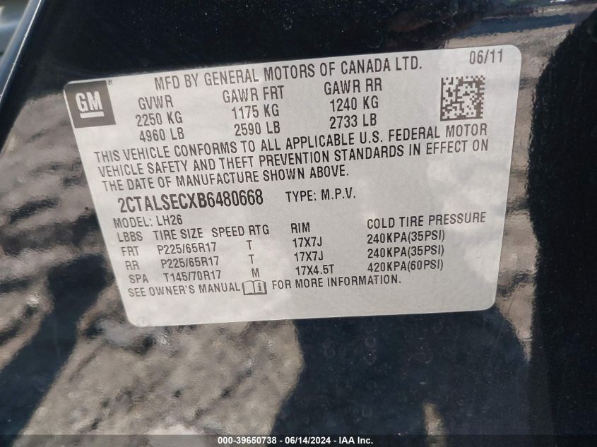 2011 GMC Terrain Sle-2 VIN: 2CTALSECXB6480668 Lot: 39650738