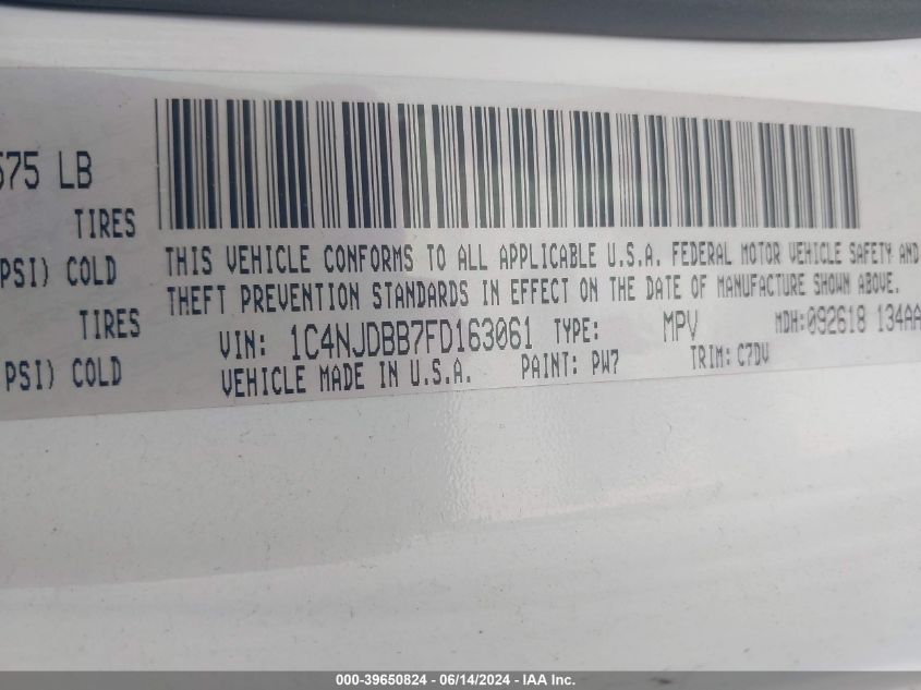2015 Jeep Compass Sport VIN: 1C4NJDBB7FD163061 Lot: 39650824