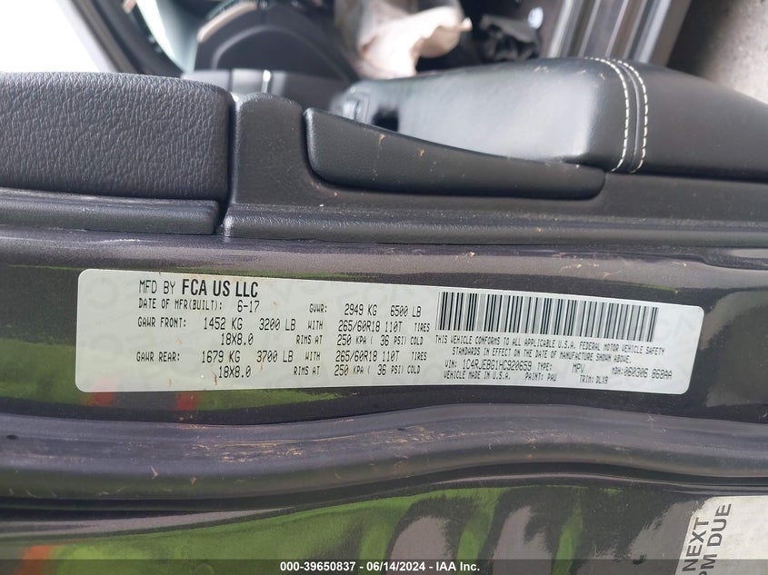 2017 Jeep Grand Cherokee Limited 4X2 VIN: 1C4RJEBG1HC920659 Lot: 39650837