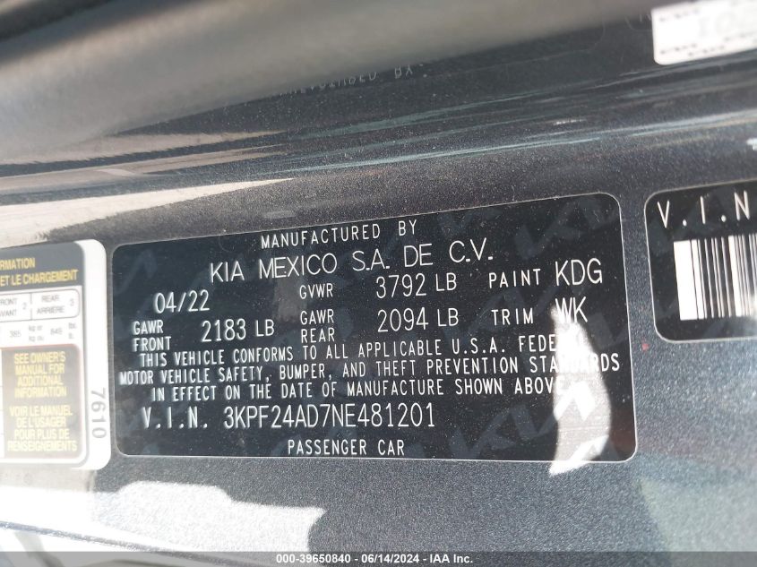 2022 Kia Forte Lxs VIN: 3KPF24AD7NE481201 Lot: 39650840