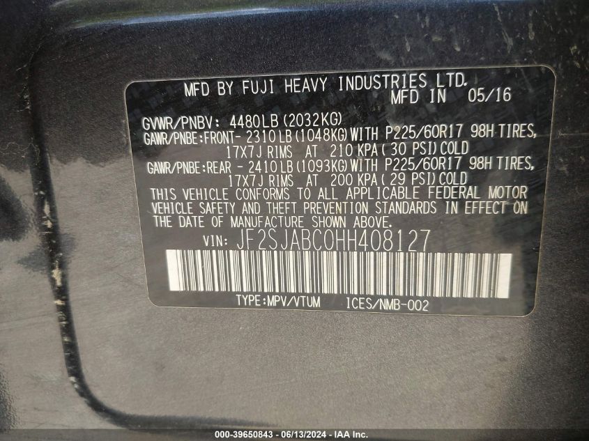 2017 Subaru Forester 2.5I VIN: JF2SJABC0HH408127 Lot: 39650843