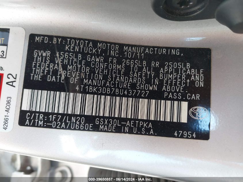 2011 Toyota Avalon Limited VIN: 4T1BK3DB7BU437727 Lot: 39650857