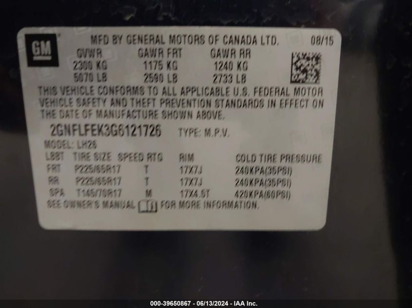 2016 Chevrolet Equinox Lt VIN: 2GNFLFEK3G6121726 Lot: 39650867