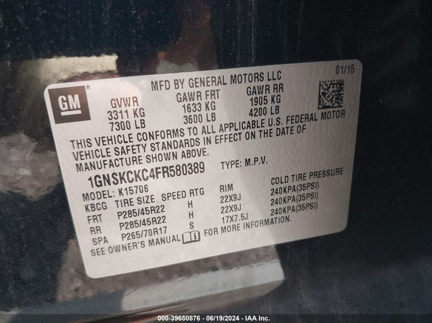 2015 Chevrolet Tahoe Ltz VIN: 1GNSKCKC4FR580389 Lot: 39650876