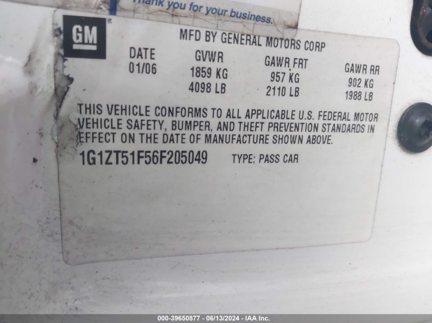 2006 Chevrolet Malibu Lt VIN: 1G1ZT51F56F205049 Lot: 39650877