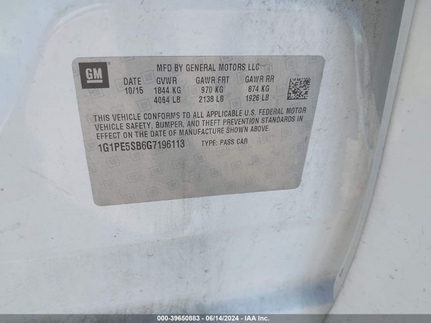 2016 Chevrolet Cruze Limited 1Lt Auto VIN: 1G1PE5SB6G7196113 Lot: 39650883