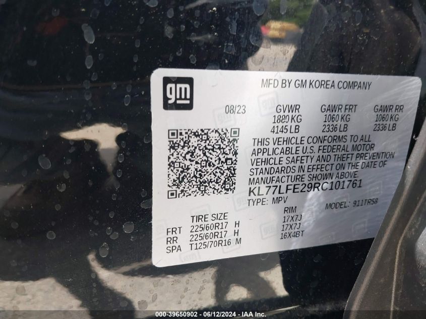 2024 Chevrolet Trax Fwd Sp VIN: KL77LFE29RC101761 Lot: 39650902