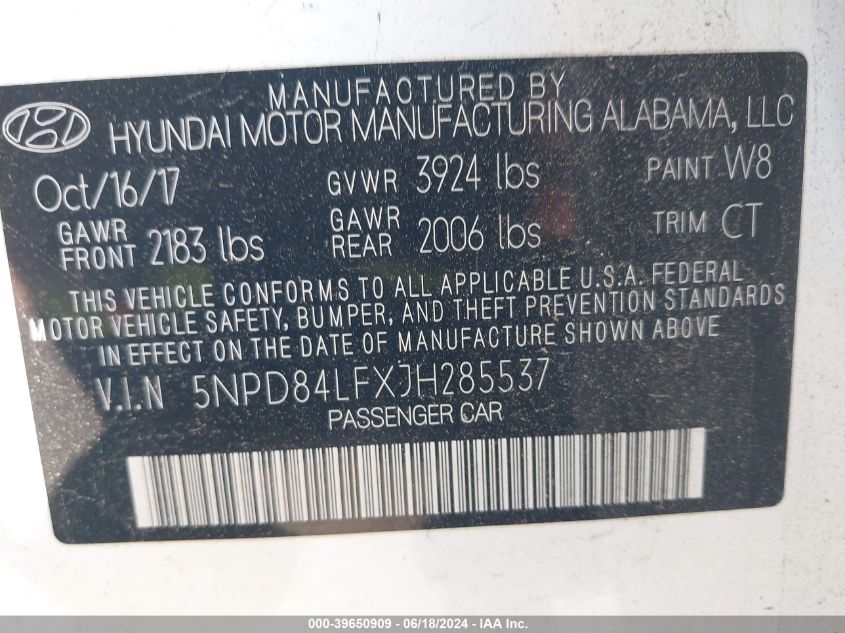 5NPD84LFXJH285537 2018 Hyundai Elantra Sel