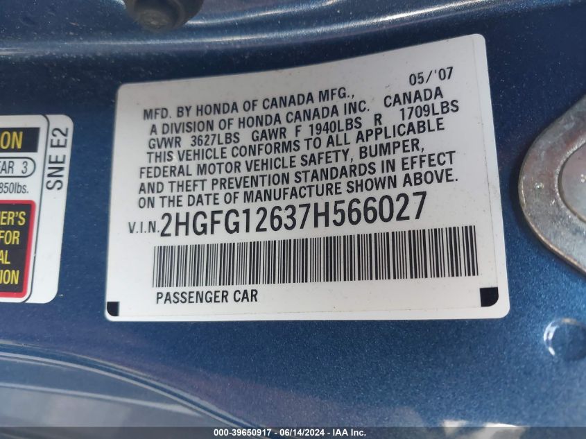 2007 Honda Civic Lx VIN: 2HGFG12637H566027 Lot: 39650917